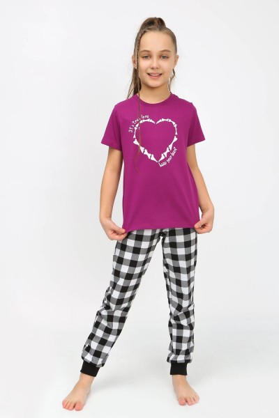 91241 Пижама для девочки (футболка, брюки) - пурпурный-черная клетка (НТ)