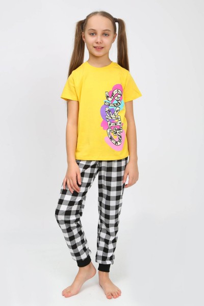 91240 Пижама для девочки (футболка, брюки) - желтый-черная клетка (НТ)