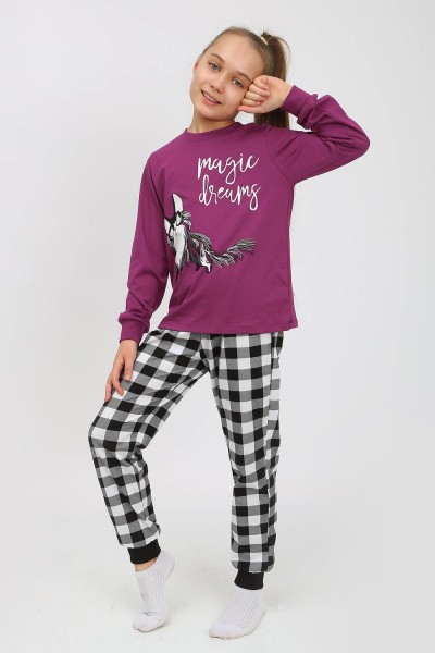 Пижама 91238 для девочки (джемпер, брюки) - пурпурный-черная клетка (НТ)