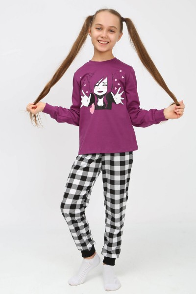 Пижама 91237 для девочки (джемпер, брюки) - пурпурный-черная клетка (НТ)