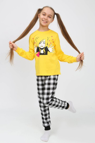 Пижама 91237 для девочки (джемпер, брюки) - желтый-черная клетка (НТ)