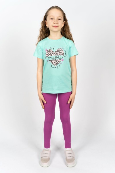 Комплект для девочки 41109 (футболка + лосины) - мятный-лиловый (НТ)
