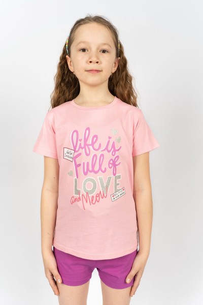 Комплект для девочки 41107 (футболка+ шорты) - с.розовый-лиловый (НТ)
