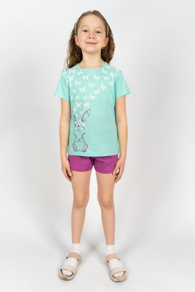 Комплект для девочки 41106 (футболка+ шорты) - мятный-лиловый (НТ)