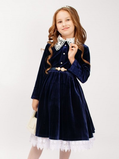 Платье бархатное для девочки со съемным воротником SP0061 - темно-синий (НТ)
