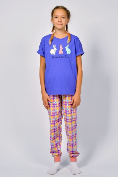 Пижама для девочки 91226 - васильковый-розовая клетка (НТ)
